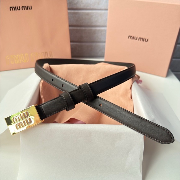 Miu Miu Women\'s Brown Leather Belt with Gold Logo Buckle